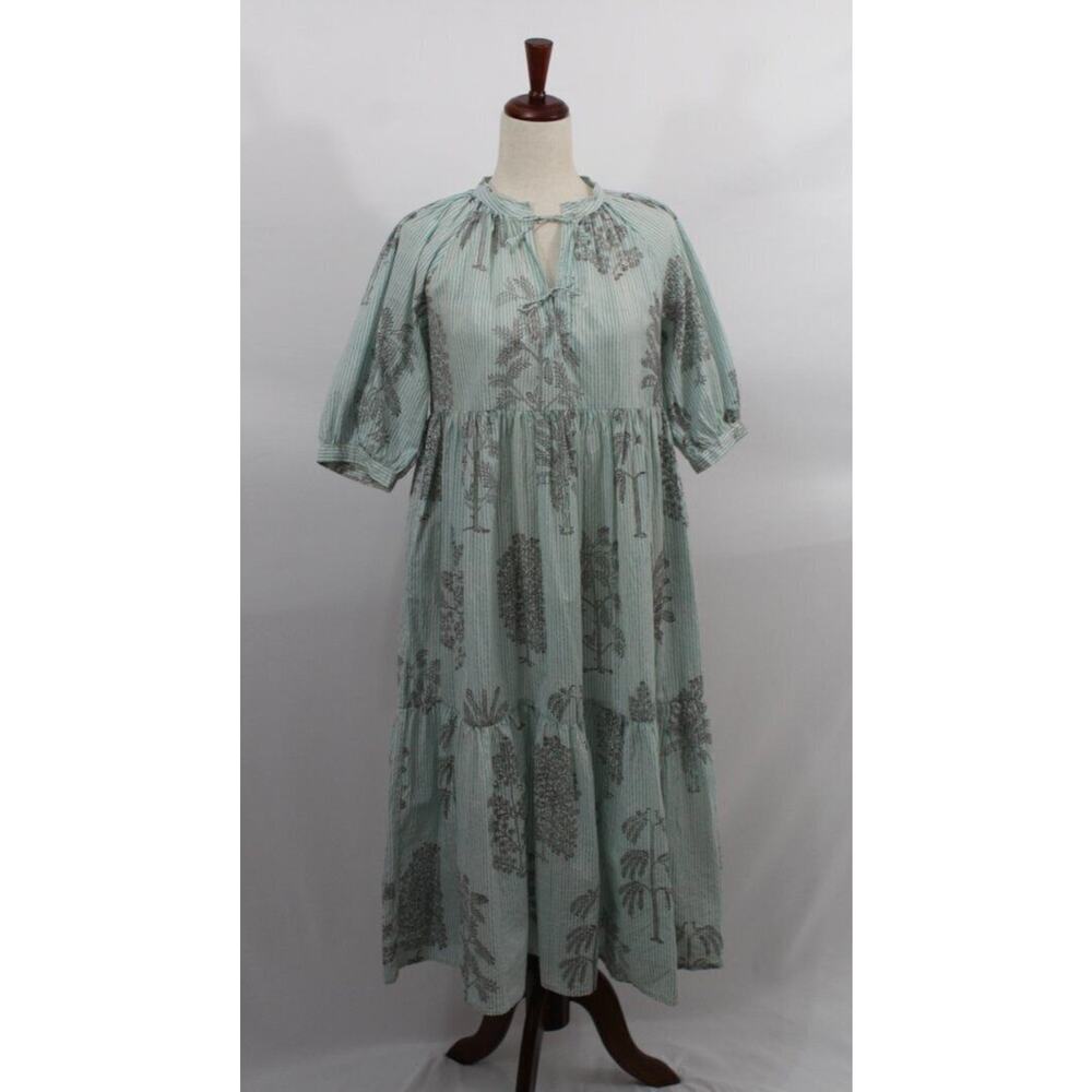 MATTA Sz S Small Aqua Stripe Short Elbow Sleeve Midi Dress Cotton Katia Trees - Picture 2 of 11